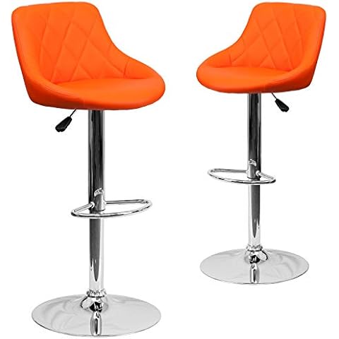Flash Furniture Caldwell 2 Pk. Contemporary Orange Vinyl Bucket Seat Adjustable Height Barstool with Diamond Pattern Back and Chrome Base Cover