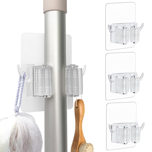 Bafezoze Broom Holder Wall Mount Self Adhesive, 4 Pack Broom Hanger, Anti-Slip Broom and Mop Organizer Wall Hanging for Bathroom Kitchen Laundry Room, Transparent Plastic