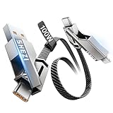 Vexipia 4-in-1 USB C Cable 100W 3FT Compatible with Lightning Cable [Fast Charging & Data Transfer] Flat Nylon Braided for iPhone iPad Charger Cord, Multi Charge Wire Combo with L/Type C/USB A Port