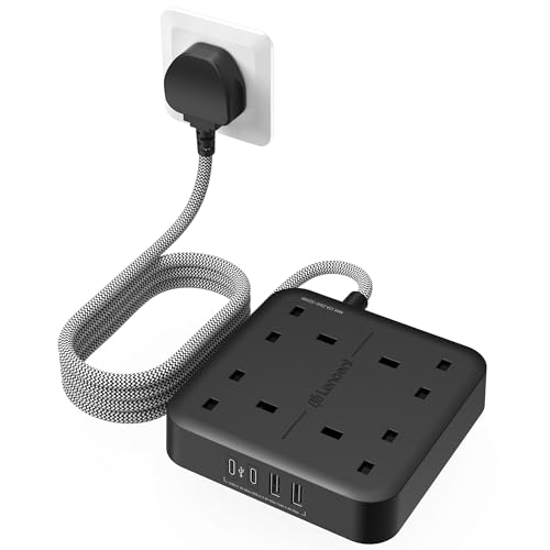 LENCENT Extension Lead with USB C Port 4 Way Outlets Power Strip with 2 USB-C and 2 USB Slots Multi Power Plug Extension with 1.8M Braided Extension Cord for Home Office 3250W- Black