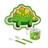 Plateau et assiettes en forme d’animaux pour bébés et enfants en bas âge – Service de table pour enfant + Verre et couverts (Dinosaure vert)