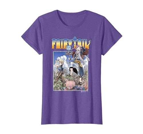 Fairy Tail Natsu Dragneel and Lucy Heartfilia on A Mission T-Shirt, Femme, Violet Chiné, XS