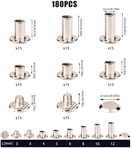 AIEX 90 Sets Chicago Screws Assorted Kit, 6 Sizes Round Flat Head Screw Rivets Leather Rivets Chicago Buttons for DIY Leather Craft Bookbinding (M5 x 4, 5, 6, 8, 10, 12mm)