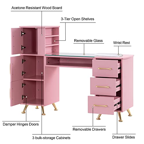 Barberpub Manicure Table, Nail Makeup Desk With Drawers, Storage Beauty Salon Workstation 2611 (Pink) #TOP1