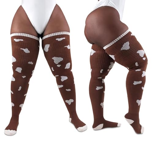 Image of Thunda Thighs Plus Size Thigh High Socks, Over the Knee High Boot Stockings Leg Warmers, Extra Long & Thick Socks Cow Print (Print Tan)