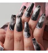 GLAMERMAID Press on Nails Long Coffin,Black Ombre False Nails with Design,24 Pcs Glue on Nails UV...