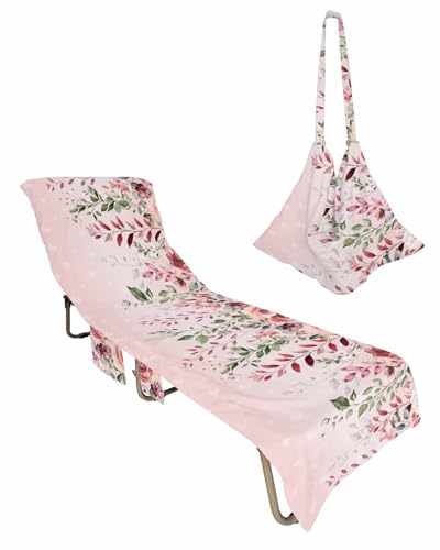 Valentine's Day Floral Beach Lounge Chair Towel Cover, Soft Chaise Lounge Towel with Side Pockets Patio Pool Chairs Cover for Beach/Pool Sunbathing 29x85 Red Pink Floral Spring Botanical