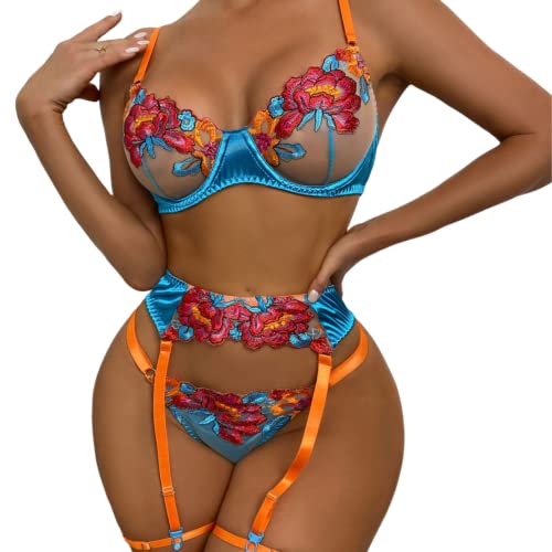 Women’s Floral Satin Embroidered Sexy Silk Vibrant Floral Mesh 4-Piece Leg Garter Lingerie Set - Image 3