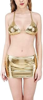 SKMODEL STYLISH Women's Shiny Babydoll Bra Mini Skirt Costume (Gold Color) Price In India