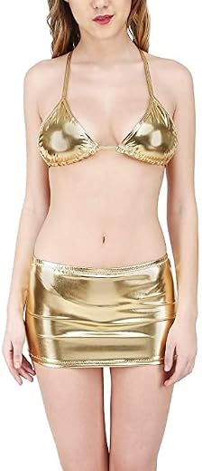 SKMODEL STYLISH Women's Shiny Babydoll Bra Mini Skirt Costume (Gold Color)