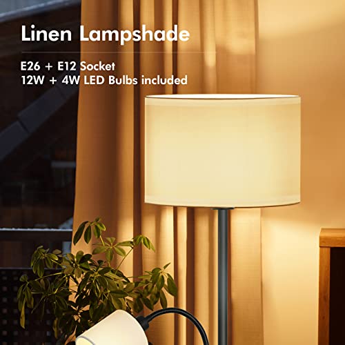 Floor Lamp For Bedroom, 12W Led Floor Lamps With Reading Light, 69" Tall Lamps For Living Room, Office, Mid-Century Standing Lamp With White Linen Lampshade, 3-Way Rotary Switch, Led Bulbs Included #TOP5