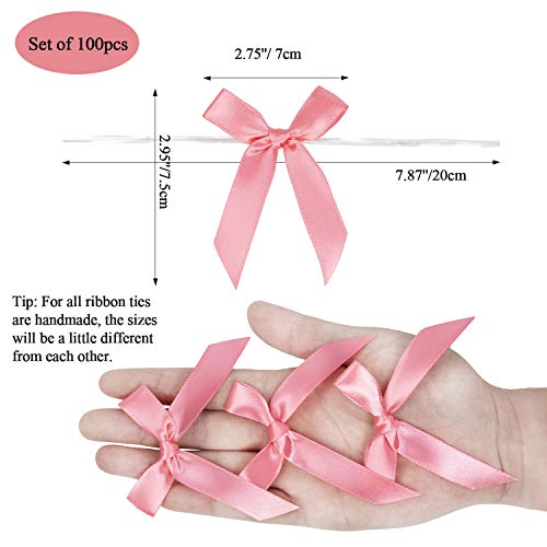 100 Pack Pink Satin Ribbon Twist Tie Bows for Treat Bags, Gift Bags, Bakery Candy Bags and Package Decorating Ribbon Bow, Bowknot for Gifts