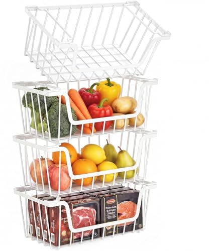 SUNALLY Stackable Storage Bins 4 Pcs Wire Baskets for Pantry Organizers and Storage, Vegetable Fruit Storage Basket for Countertop Organizer,Kitchen Baskets for Onion Potato Snack Cans Storage,White