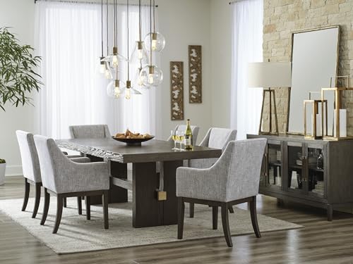 Image of Signature Design by Ashley Burkhaus Extendable Dining Table, Dark Brown | Seats up to 8, Removable 18-inch leaf, Made of wood, Oak veneer and engineered wood, Double pedestal base