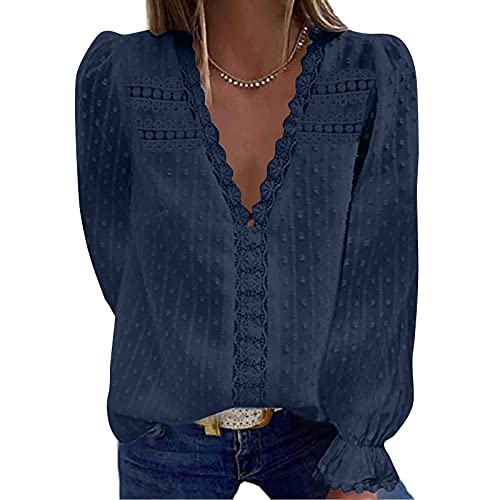XOXSION Camiseta para mujer, moderna blusa de encaje con cuello en V, de gasa, manga larga, holgada, informal, elegante y básica, marine, L Cover