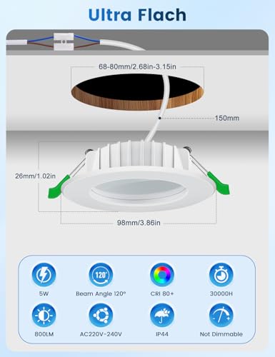 LED Einbaustrahler 230V Energieklasse B, 5W 800LM Neutralweiß LED Spot 68-80mm Lochmaß, IP44 Deckenspots 26mm Ultra Flach 4000K Einbauleuchten für Badezimmer Küche Wohnzimmer, Nicht Dimmbar, 12 Stück