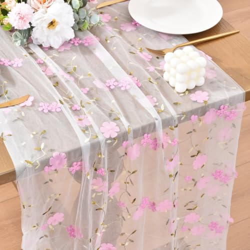 Chusithqudy Pink Embroidery Floral Table Runner 10FT Seasonal Rustic Tulle Table Runner for Spring Summer Wedding Party Decoration Baby Shower DIY Craft by Chusithqudy - Used condition - US$8.99