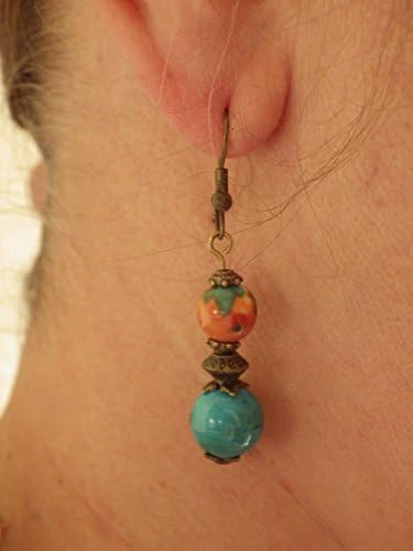 Drop earrings in vintage style in natural white jade beads tinted blue, brown and orange