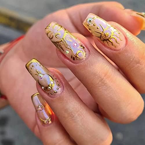 Apollo Golden lines with Diamond false nails tips, nature base Nail tip with Glitter powder, Sunshine Party glue on nails with manicure kit Women`s Daily Press-on Fake Nails (Apollo)