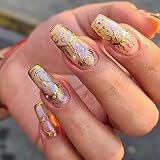 Apollo Golden lines with Diamond false nails tips, nature base Nail tip with Glitter powder, Sunshin
