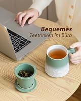 ZENS Teetasse mit Deckel und Sieb,500ml Große Losen Teetassen,Grün Weiß | Matte Geprägtem Keramik Teebecher mit Feinsieb und Holzgriff für Teeliebhaber Geschenke – Ansicht 6