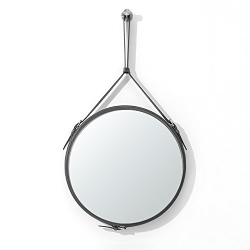 ranslen Espejo de pared decorativo rústico redondo de 15 pulgadas con correa para colgar para baño, dormitorio, sala de estar, decoración del hogar (gris oscuro)