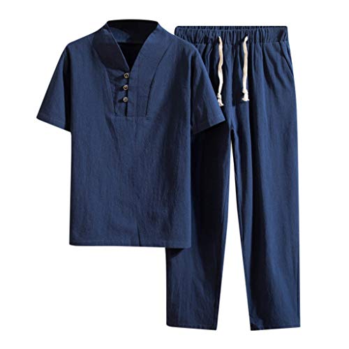 Tuta Sportiva Da Uomo in Cotone e Lino, 2 Pezzi, Per Il Tempo Libero Estivo, Camicia e Pantaloni in Tessuto, Tuta Da Corsa, Primavera/Estate, Blu Marino, XL