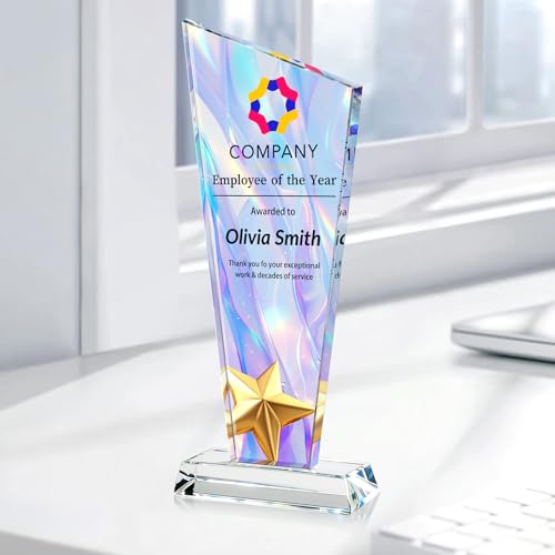 Image of Custom Crystal Trophy Award Personalized Plaque Award with Text Logo Photo Awards Trophies for Employee Recognition Team Graduation Personalized Office Gifts for Boss Coworker Teacher
