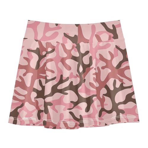 Coral Pink Camouflage Tennis Skirts for Girls with Built in Shorts Cheer Skirt with Pockets Flowy Golf Skirts for Little Girls