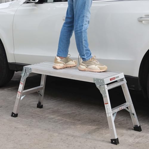 Folding Aluminum Work Platform & Heavy Duty Platform Step Ladder for Home, Portable Aluminum Step Stool & Aluminum Bench with Non-Slip Rubber Feet,225lbs (with No-Telescopic Legs) - Thumbnail 3