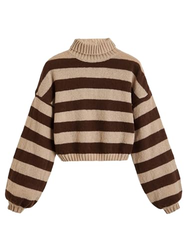 Image of WDIRARA Women's Striped Pattern Turtleneck Long Lantern Bishop Sleeve Stretchy Knitted Sweater