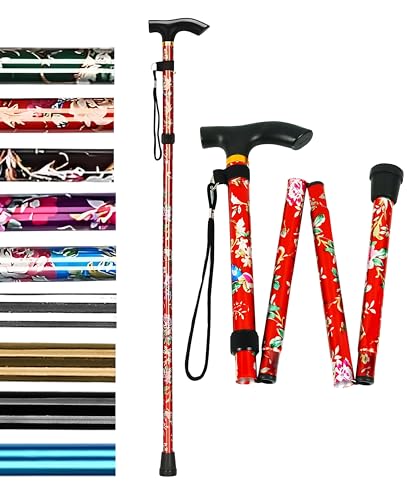 HATAF Bastón Plegable Hombres y Mujeres, Ajustable, Ligero y portátil, Ayuda a la Movilidad con Puntas de Goma (Flores Rojas)