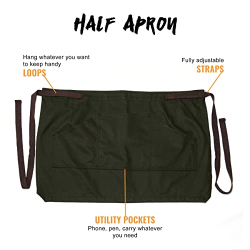 Under Ny Sky Half Army Green Apron With Durable Twill – Bistro Apron, Waist Apron Adjustable For Men And Women – Professional Barista, Bartender, Mixologist, Florist, Server Aprons #TOP2