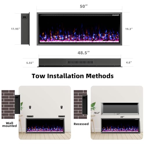 Image of Kucreiheat Electric Fireplace-50'' Luxury Fireplace Wall Mounted & Recessed, Ultra-Slim with Log & Crystal, Remote Control, Thermostat, Timer, 750W /1500W Heater