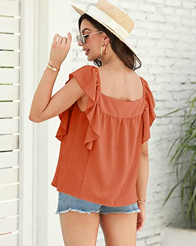 Bwogeeya Women's Summer Casual Basic Tank Tops Square Neck Ruffle Trim Blouse Shirt Orange #TOP2