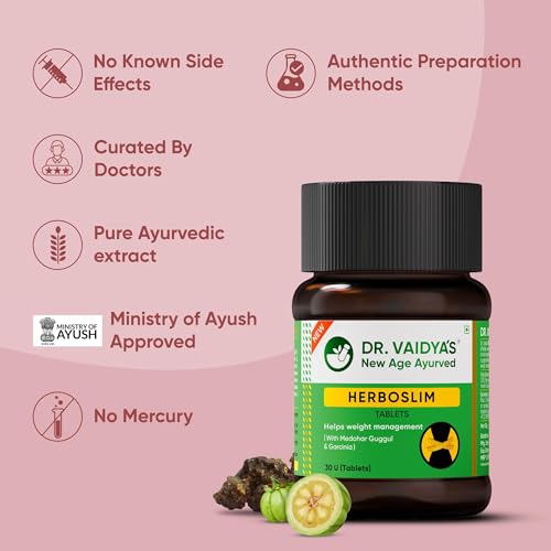 Image of Dr. Vaidya's Herboslim Tablets | Ayurvedic Weight Loss Supplement | Strong Fat Burner for Men & Women | Supports Metabolism & Fat Loss | 30 Capsules | Herbal Fat Burners for Weight Management (Pack of 2)