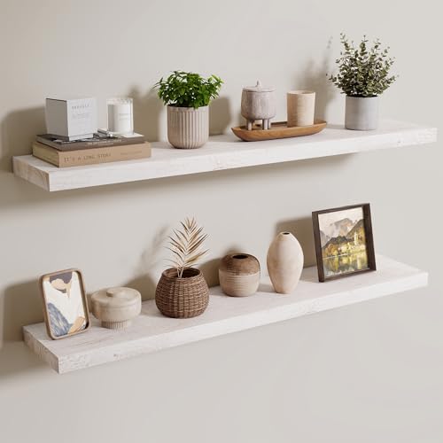 Image of Floating Shelves for Wall, 40in Reclaimed Elm Wood Shelves, White, 2PCs | 8in Deep Rustic Solid Elm Wood Wall Shelves for Storage, Wall Mounted Display Shelving, Invisible Heavy-Duty Metal Bracket