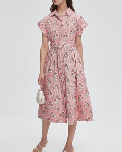 Women Summer Dresses 2025 Casual Wing Short Sleeve Button Down Midi Dress Floral Long Dress with Pocket4