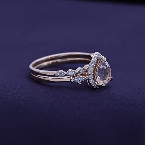Gemvio Collection Fleur-De-Lis Vintage Style Bridal Set, Pear Cut Natural Morganite 8X6Mm Gemstone & Diamond In 14K Solid Rose Gold Engagement Promise Anniversary Wedding Ring (1.10 Cttw) Size-7 #TOP5