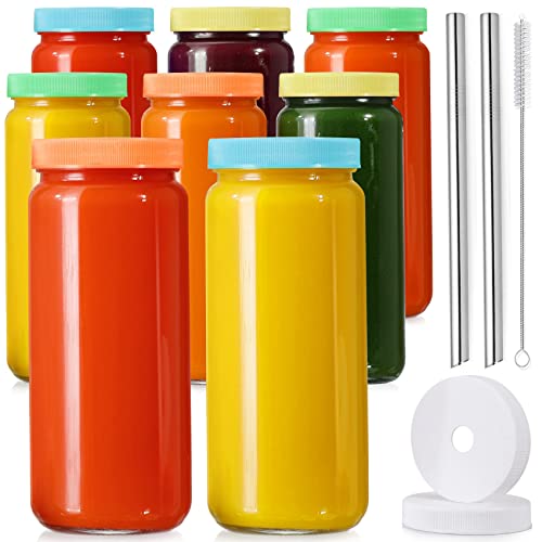 8 Pack Glass Juice Bottles with Lids & Straws, 16 oz