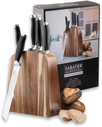 Kitchen Knife Set with Block Sabatier Professional 5 Piece Razor-Sharp Stainless Steel Knives. Strong Chrome-Molybdenum Cutting Blades Soft-Grip Handles Acacia Wood Block 25 Year Guarantee