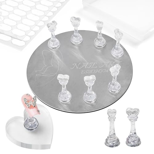 ESUOHYM Nail Stand for Press On Nails Art Display Practice 2 Sets, 1 Heart Shaped Acrylic Magnetic Nail Stands, Fake Nail Holder Tips With 200 PCS Double-Sided Tape, Nail Kit Home DIY Salon Supplies