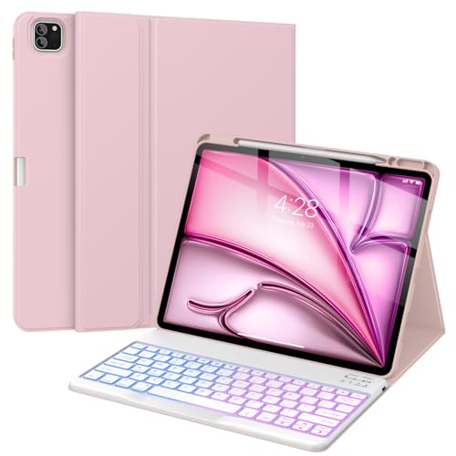 Supveco Keyboard Case for iPad Air 13 Inch (M3 2025,M2 2024) & iPad Pro 12.9 Inch 6th/5th Gen with Pencil Holder-7 Colors Backlit Wireless Detachable Folio Keyboard Cover-Pure Pink
