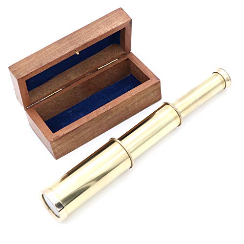 Mythrojan Mini Pirate Spyglass Telescope Brass Collapsible Hand Telescope With Wooden Box Small Vintage Telescope Pirate Decore Brass Decorative Telescope 9'' - Brass #TOP2