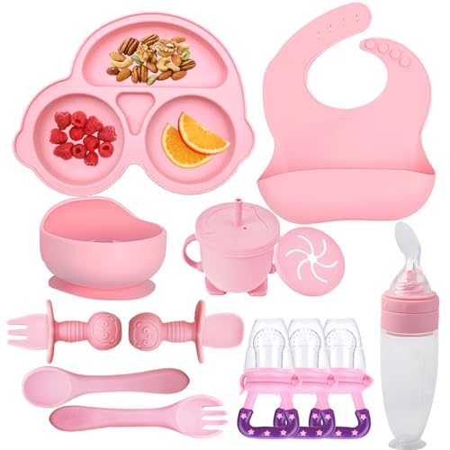 Image of MIICASA Silicone Baby Feeding Set, Baby Led Weaning Supplies Kit With Suction Bowl & Car Plate, Bib, Spoon, Fork, Cup - Food-Grade Silicone, Dishwasher-Safe, No BPAs - For 3+ Months