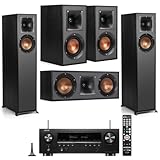 Klipsch 2 Pack R-610F Floorstanding Home Speaker - Bundle with -41M Bookshelf Speakers, 52C Center Channel Home Speaker, Denon AVR-S670H 75W 5.- 8K Network AV Receiver