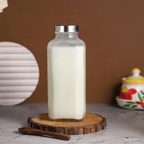 Image of Glassbunny French Square Glass Drinking Bottles 1000 ML Reusable Drink Containers with Leak-Proof Airtight Stainless Steel Lid for Water, Smoothie, Juices