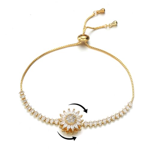 Spinning Sunflower Fidget Bracelet for Women, Adjustable Rhinestone Sparkly Flowers Anxiety Wrist Bracelets Sunflowers Statement Worry Relieving Jewelry Gift Accessories 2025
