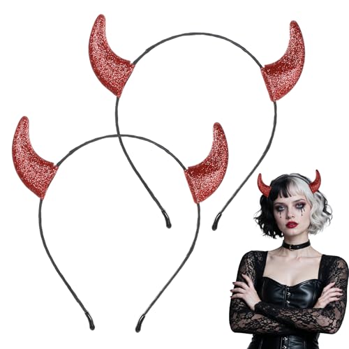 Lusofie 2 Stück Halloween Teufelshörner Stirnbänder Glitzernde Teufelsohren Teufel Haarreif Vampir Teufel Kopfbedeckung Haarschmuck für Damen Herren Halloween Dämonenkostüm Carnival Mottoparty(Rot)