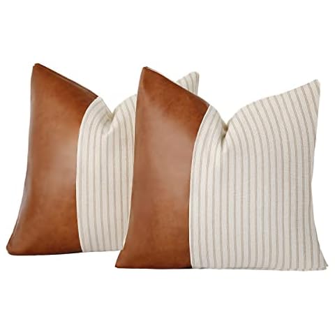 Throw Cushion Covers,Pillow Covers 18x18",Khaki Stripes Textured Cotton Faux Leather Stitching Square Farmhouse pillow covers Home Decorative for Sofa Couch Chair Bedroom Sets of 2 Cover